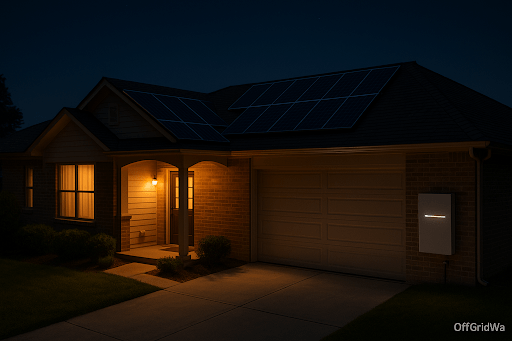 A modern house with rooftop solar panels and a glowing battery system on the wall, providing power at night.